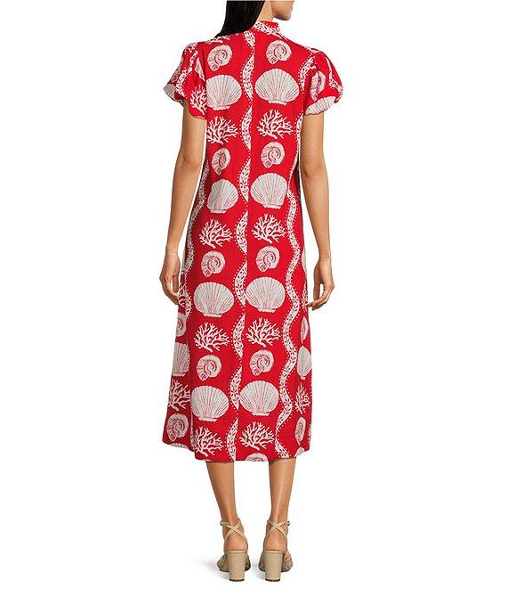 SAIL to SABLE Sea Stripe Print Mandarin Collar Short Puff Sleeve Midi Dress Product Image