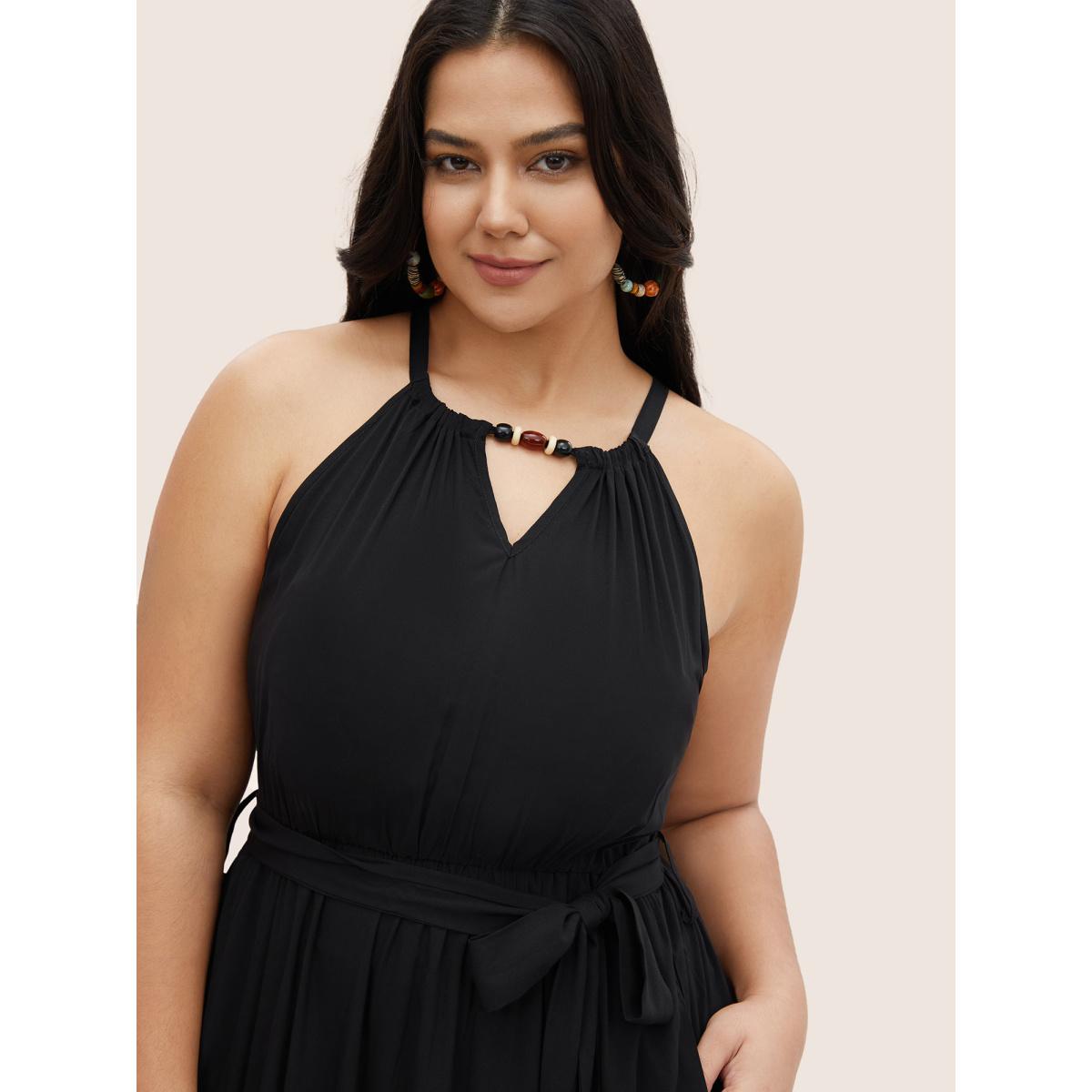 Plus Size Solid Keyhole Halter Neck Belted Dress Black Women Resort Gathered Halter neck Sleeveless Curvy Midi Dress BloomChic 18-20/2X Product Image