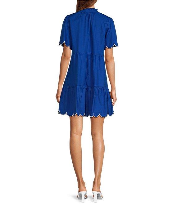 Sugarlips Poplin Ruffled Split V-Neck Short Sleeve Scallop Hem Mini Dress Product Image