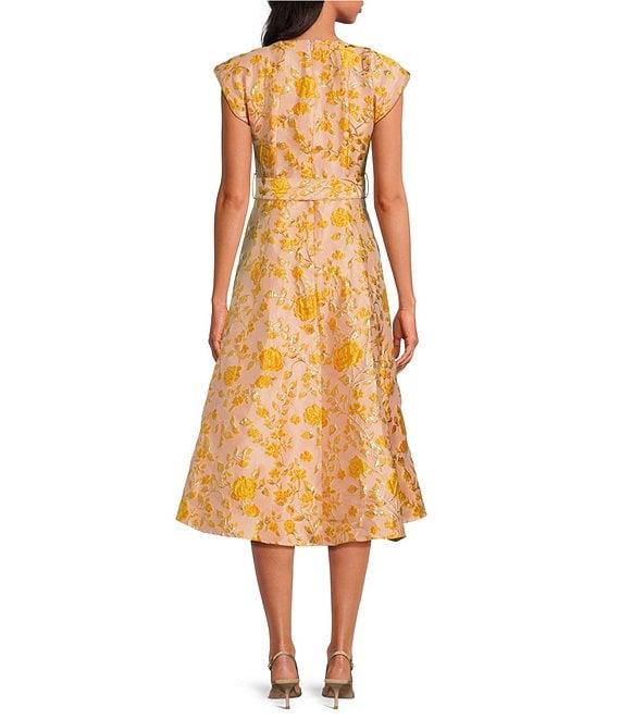 Abbey Glass Olivia Floral Jacquard Crew Neck Short Sleeve Self-Tie Belt Midi Dress Product Image