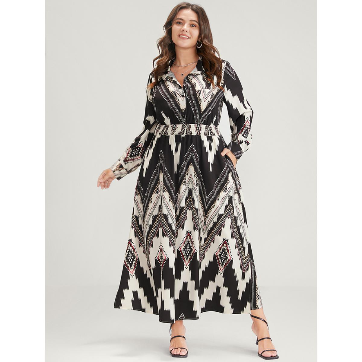 Plus Size Geometric Shirt Collar Pocket Button Up Shirred Dress Black Women Elegant Printed Shirt collar Long Sleeve Curvy Long Dress BloomChic 30/6X Product Image