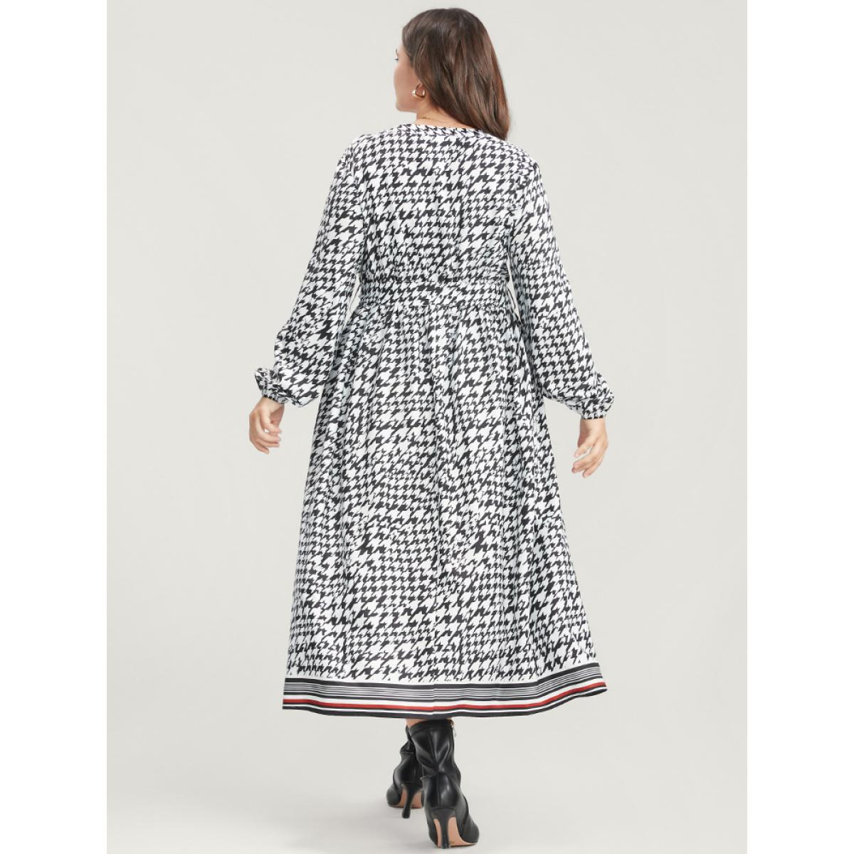 Plus Size Houndstooth Print Pocket Lantern Sleeve Belted Dress Black Women Elegant Pocket V-neck Long Sleeve Curvy Midi Dress BloomChic 10/M Product Image