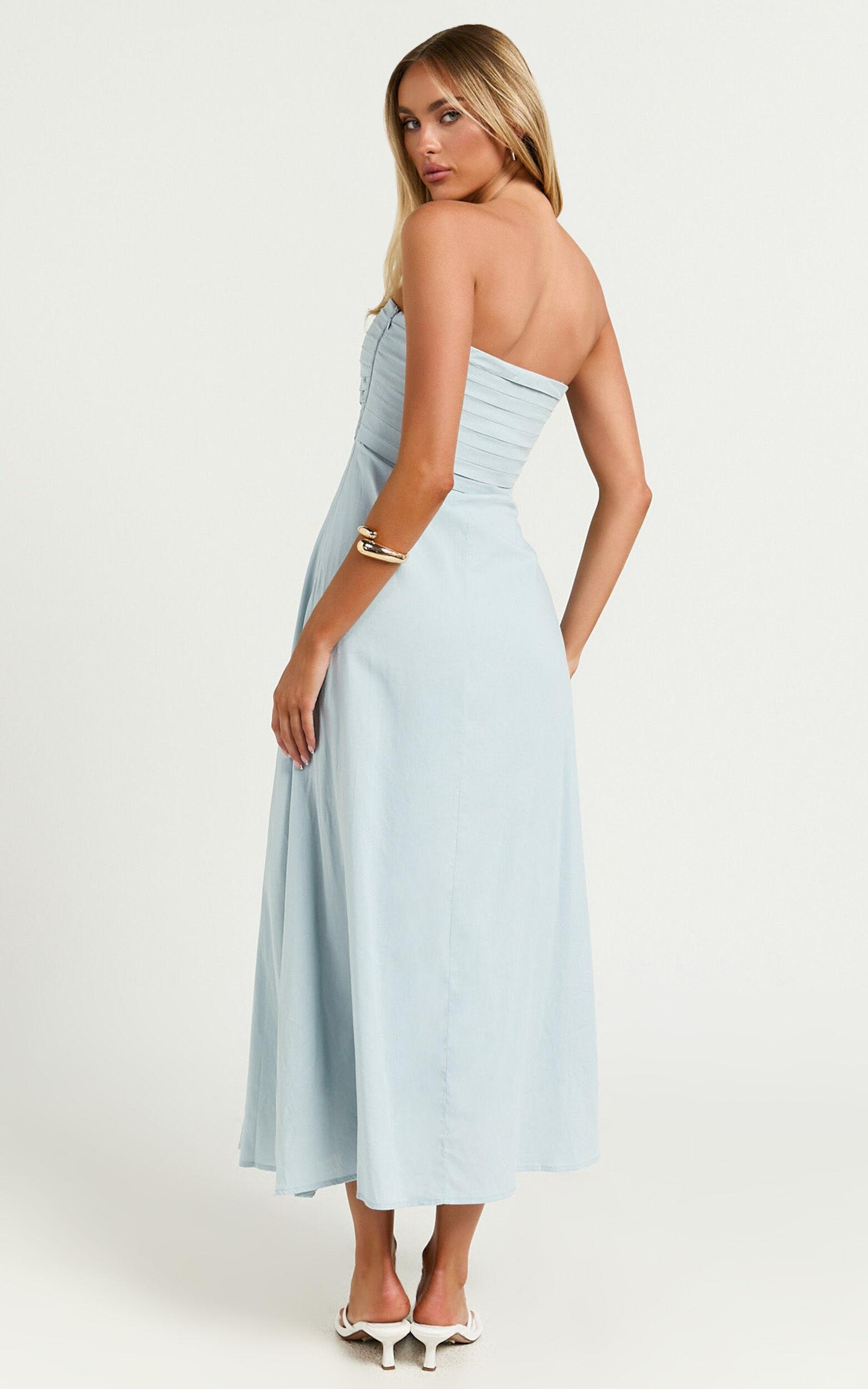 Barbra Midi Dress - Strapless Ruched Bodice Dress in Blue Product Image