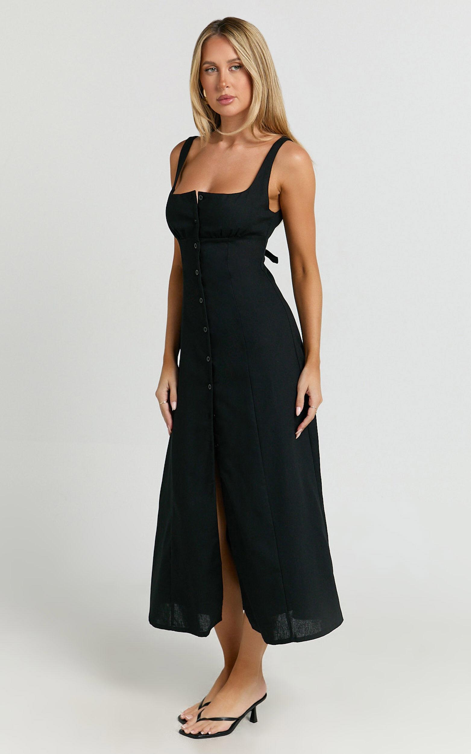 Cameron Midi Dress - Button Front Tie Back Dress in Black Product Image