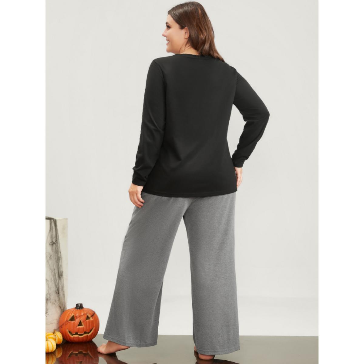 Plus Size Halloween Bat Print Round Neck Pajama Set Women Black Graphic-Halloween Printed Long Sleeve Round Neck Casual Loungewear Sets BloomChic 28/5X Product Image