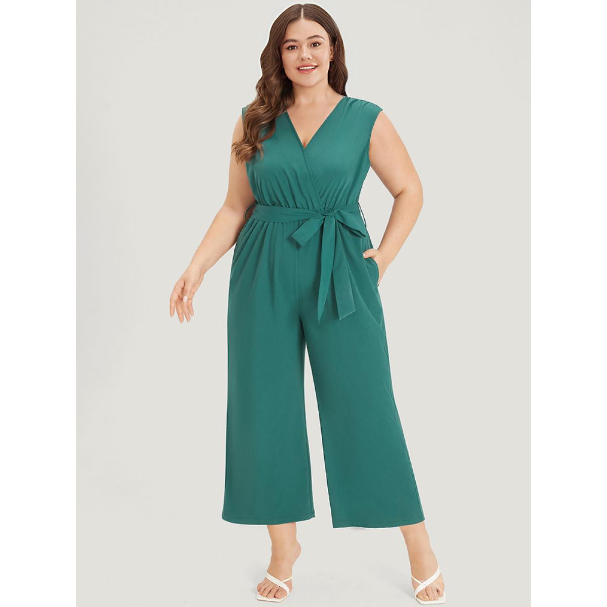 Plus Size Green Supersoft Essentials Plain Surplice Neck Belted Jumpsuit Women Elegant Sleeveless V-neck Dailywear Loose Jumpsuits BloomChic 26/4X Product Image