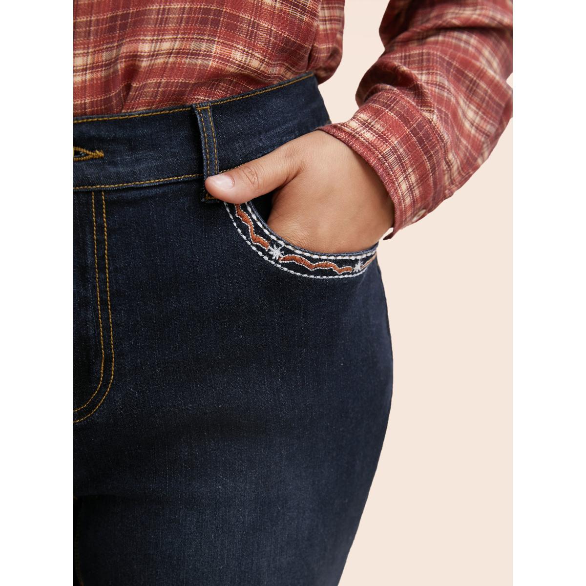 Plus Size Stretch Denim Front Embroided Pockets Flare Jeans Women Darkindigo Casual Embroidered Medium stretch Slanted pocket Jeans BloomChic 10/M Product Image