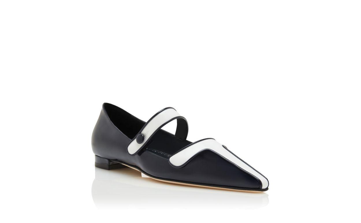 GANEUSFLAT Navy Blue and White Patent Leather Mary Jane Flat Pumps Product Image