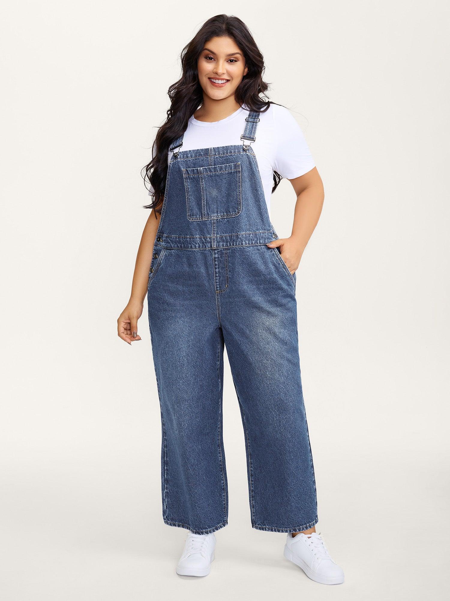 Cotton Relaxed-Fit Side Button Overall Denim Jumpsuit Female Product Image