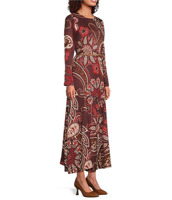 Alex Marie Kate Paisley Printed Satin Crew Neck Long Sleeve Belted Maxi Dress Product Image