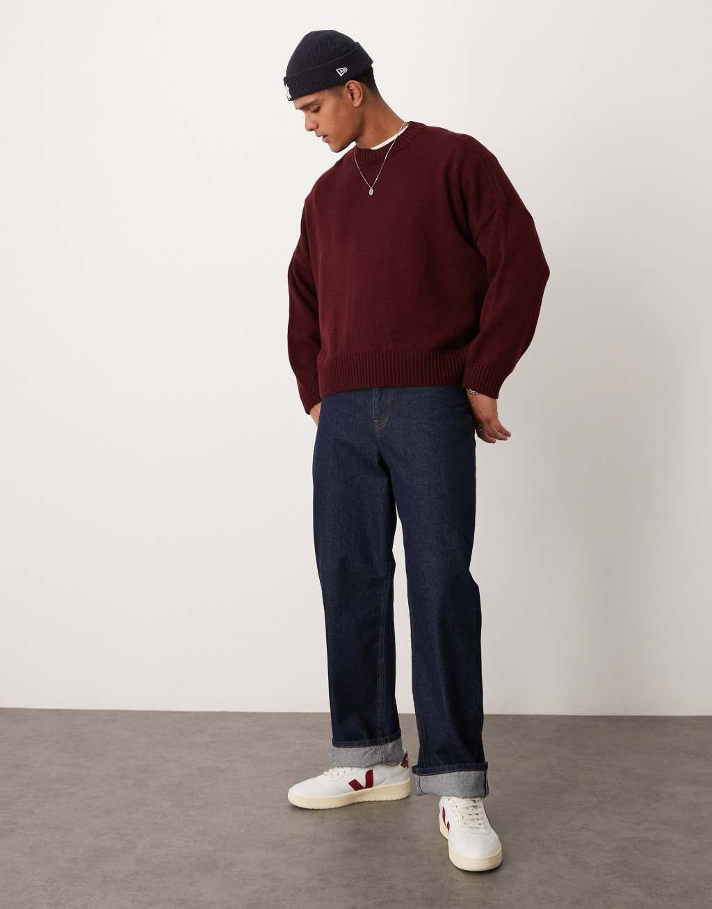 ASOS DESIGN super oversized boxy fit knitted sweater in burgundy Product Image