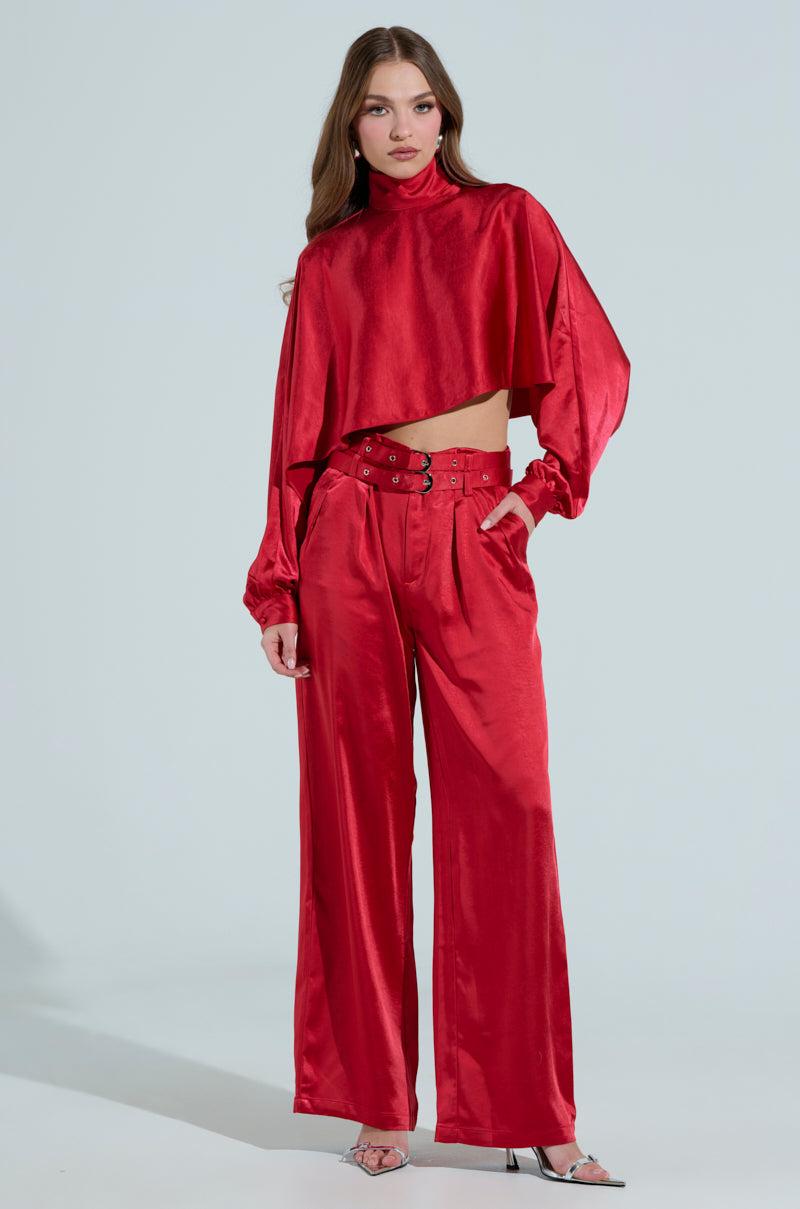 FEELIN' THE LOVE SATIN MOCK NECK BLOUSE IN RED Product Image