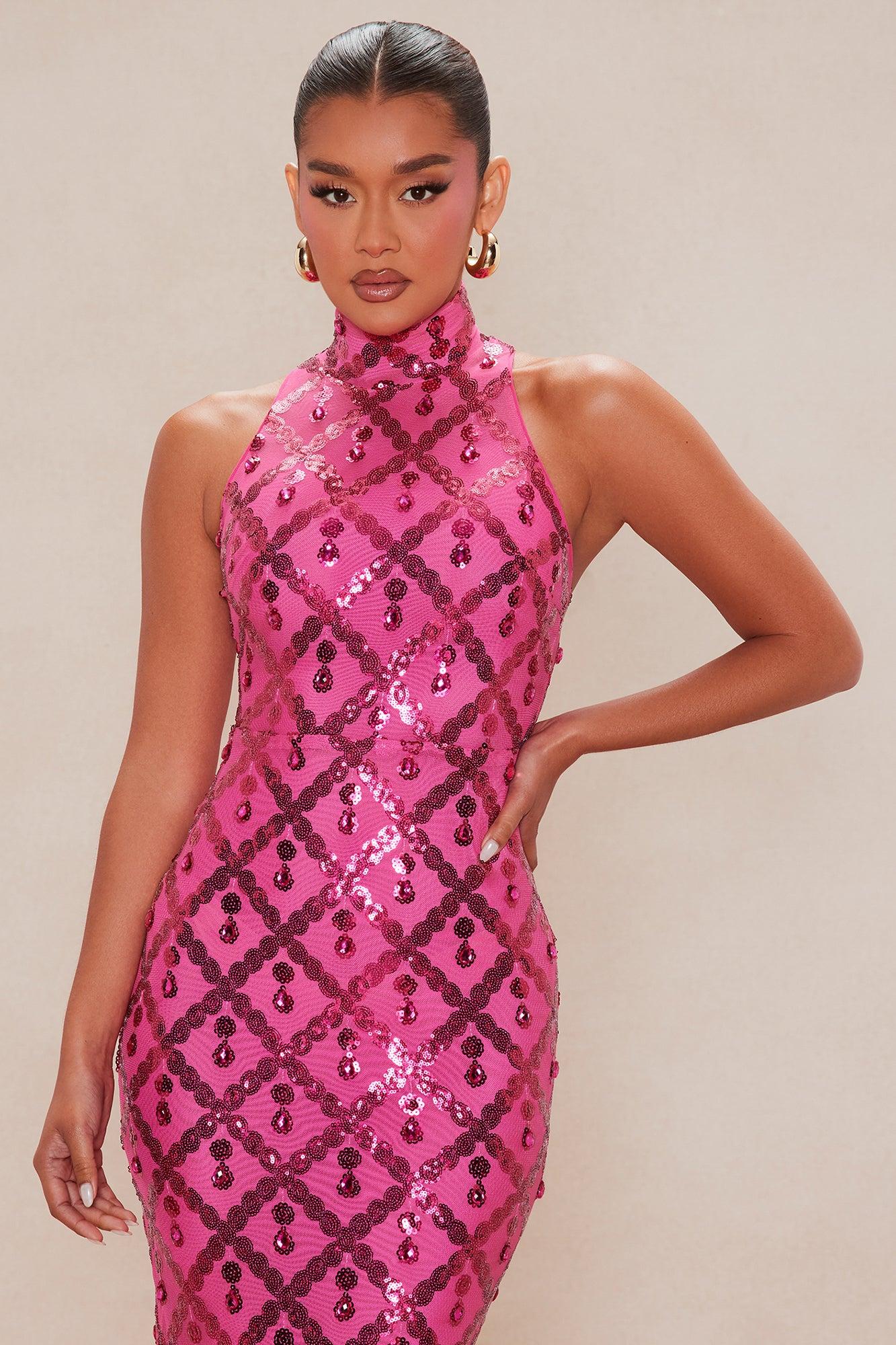 Francesca Embellished Mock Neck Gown - Hot Pink Female Product Image