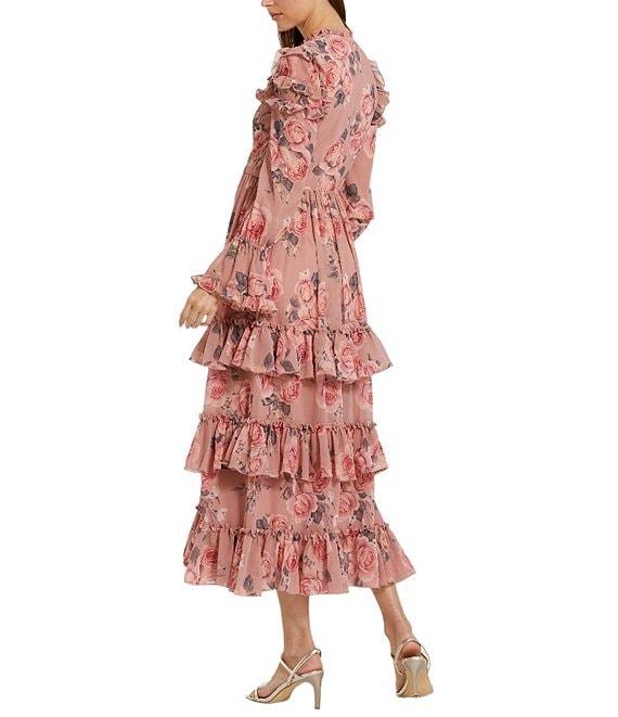 Mac Duggal Mock Neck Lace Up Front Long Sleeve Tiered Ruffle Floral Print Chiffon Midi Dress Product Image