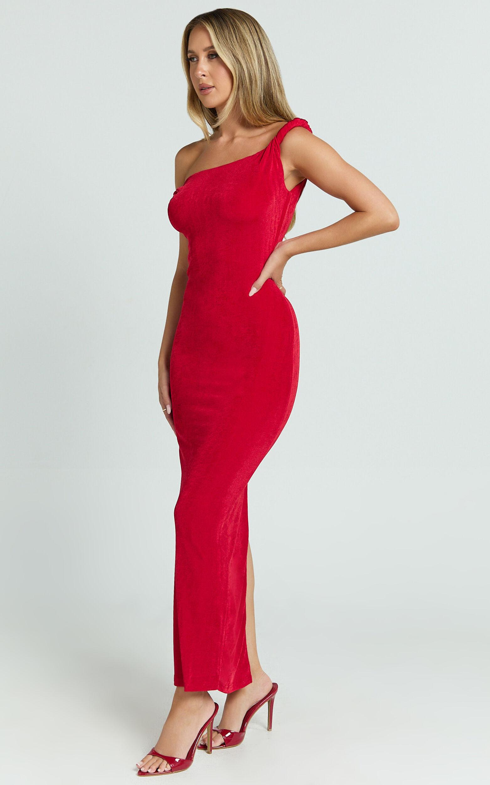 Isabel Midi Dress - Twist Off Shoulder Bodycon Dress in Red Product Image