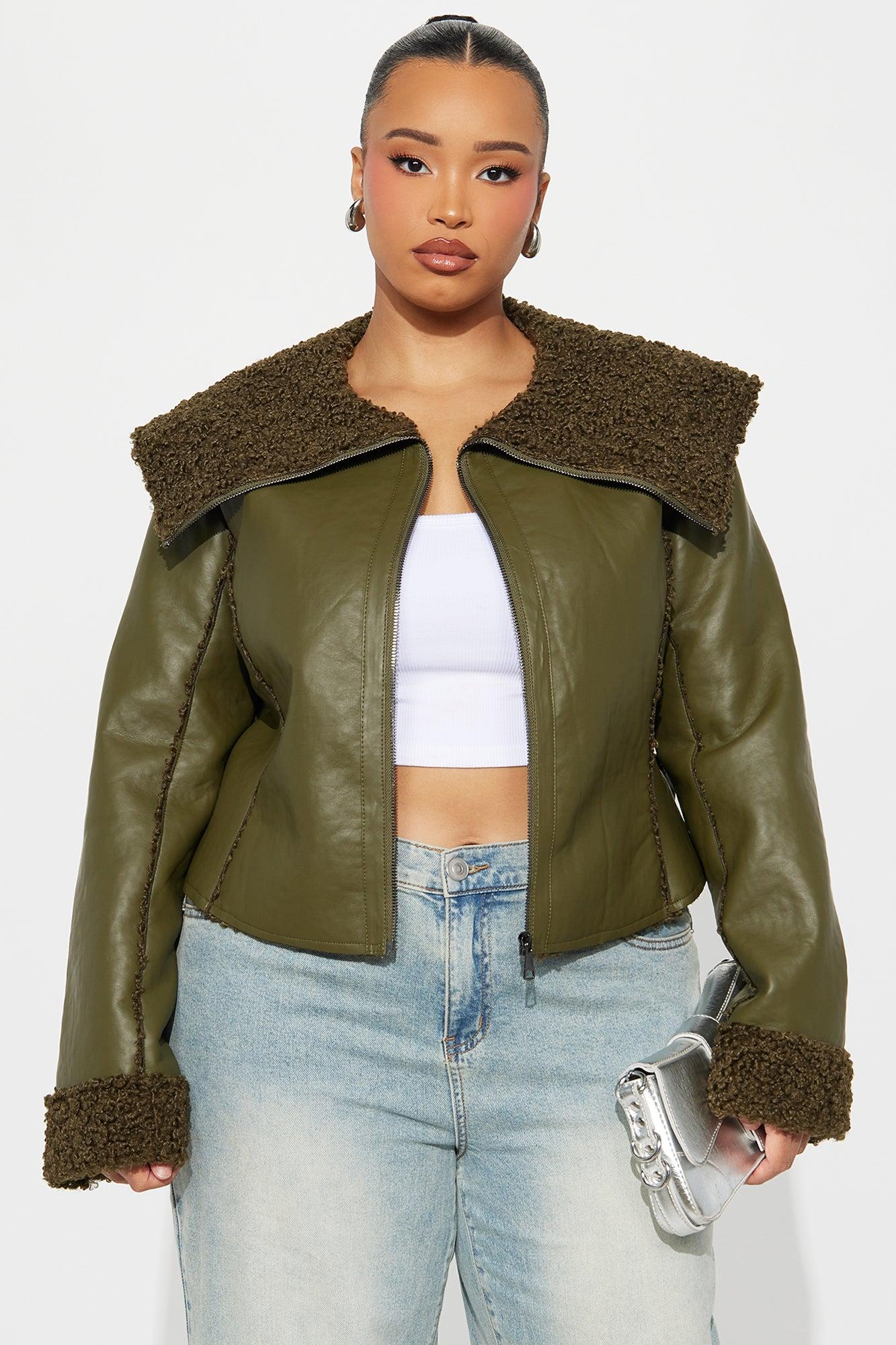 Paloma Faux Leather Sherpa Lined Coat - Olive Female Product Image