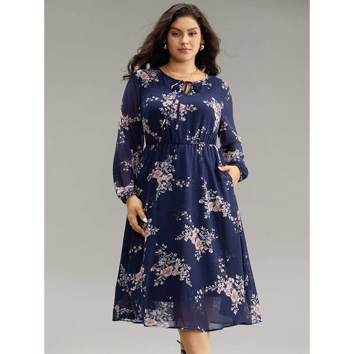 Plus Size Floral Print Knot Neck Pocket Dress DarkBlue Women Elegant See through Tie Neck Long Sleeve Curvy Midi Dress BloomChic 14-16/1X Product Image