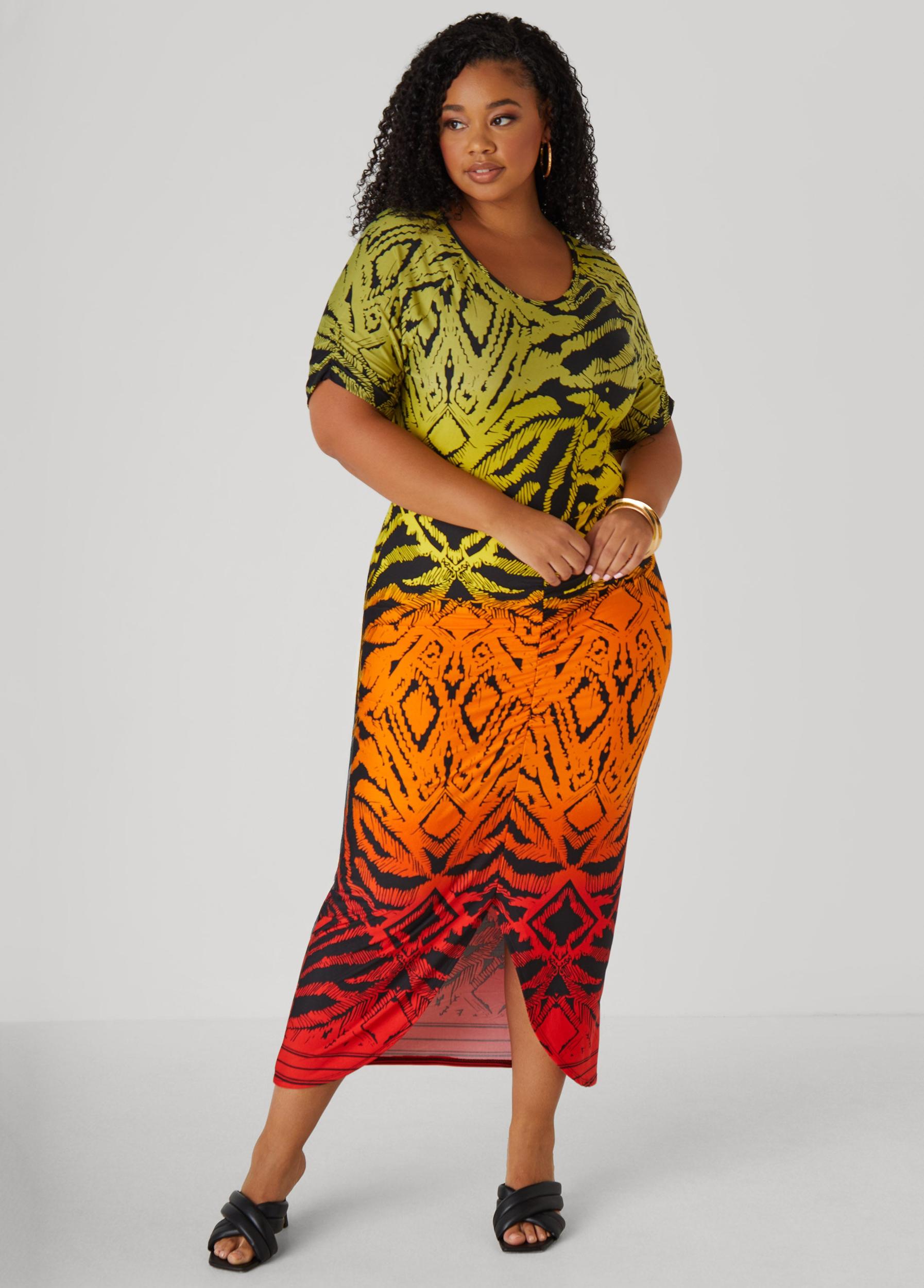 Plus Size Ombre Printed Ruched Dress Ashley Stewart Product Image