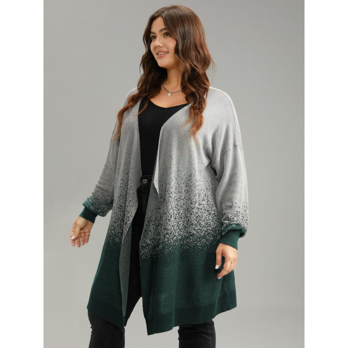 Plus Size Ombre Asymmetrical Open Front Cardigan DarkGreen Women Casual Loose Long Sleeve Everyday Cardigans BloomChic 26/4X Product Image