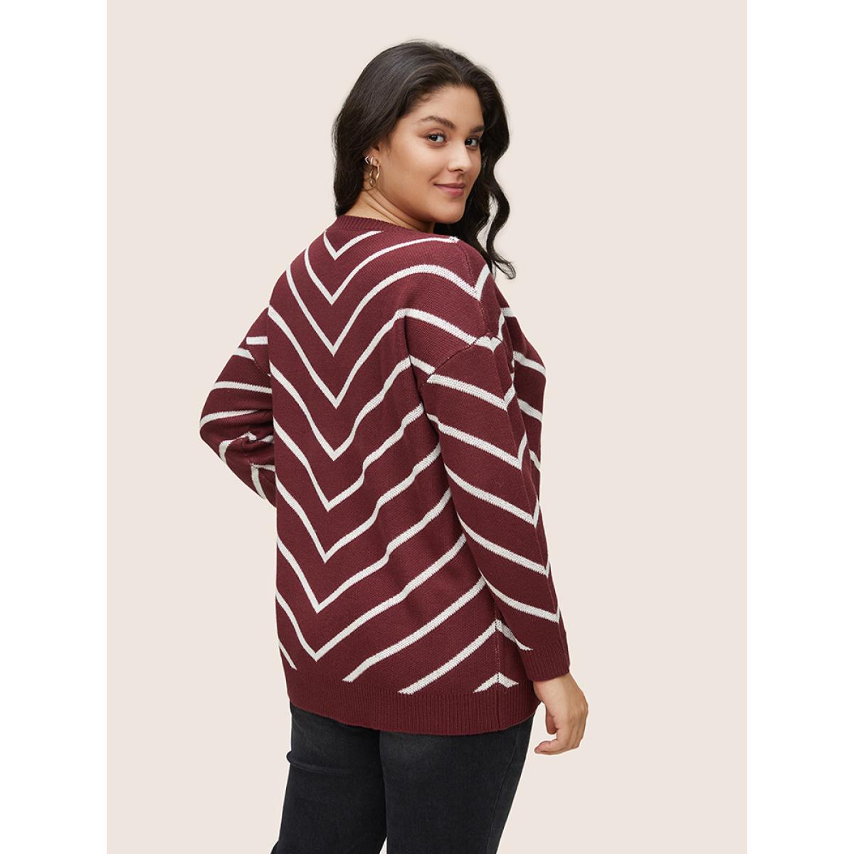 Plus Size Striped Drop Shoulder Loose Knit Pullover Burgundy Women Casual Loose Long Sleeve Round Neck Dailywear Pullovers BloomChic 12/L Product Image