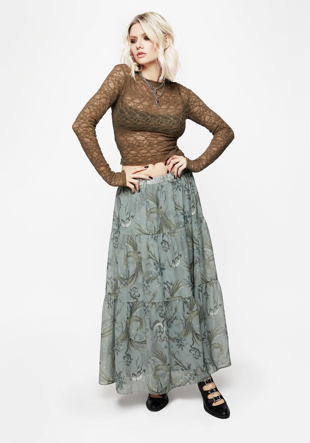 Sapphira Dragon Print Chiffon Tiered Maxi Skirt Product Image