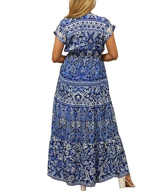 Karyn Seo Gypsy Bohemian Print Cinched Waist V-Neck Short Sleeve Maxi Dress Product Image