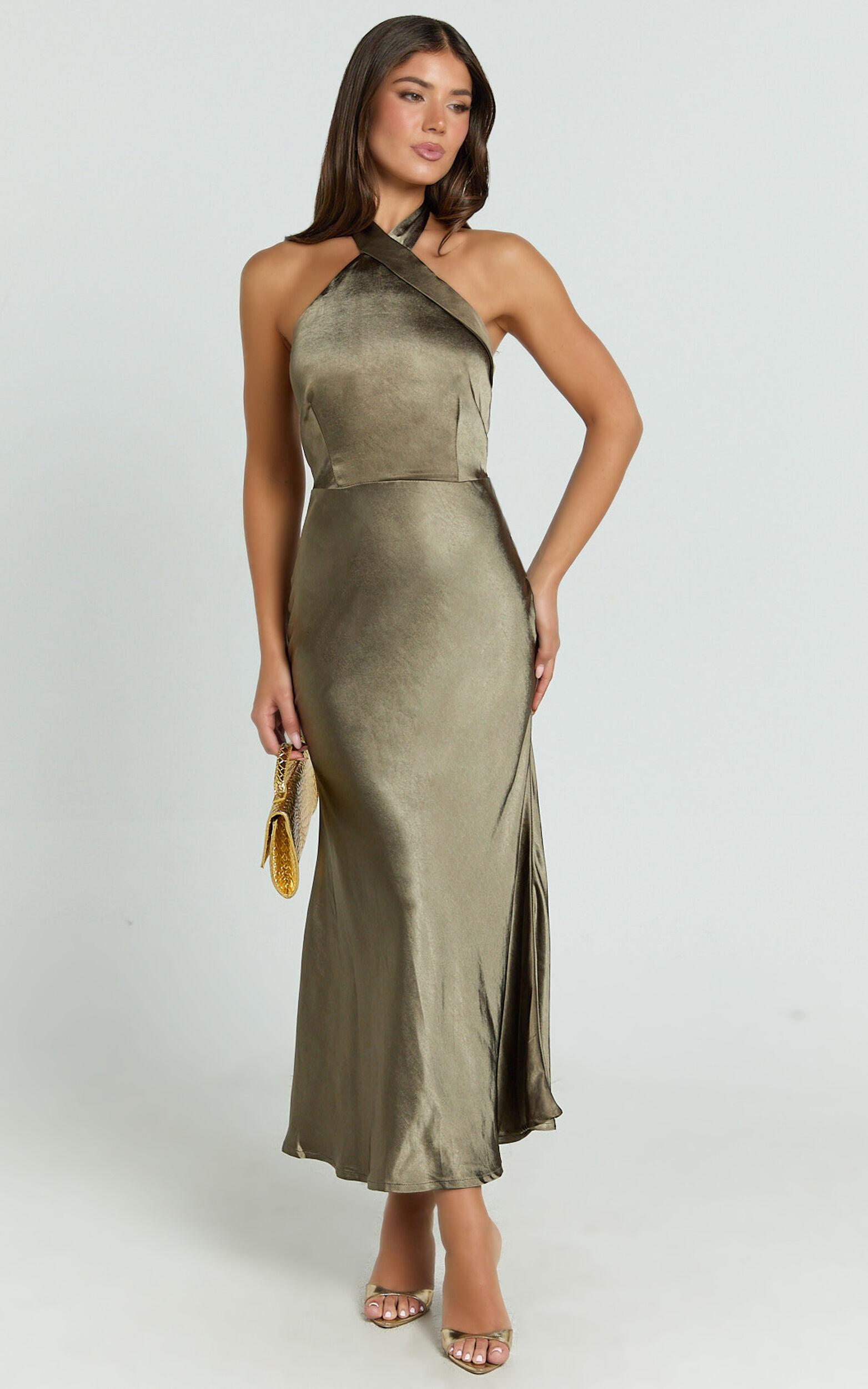 Rhianne Midi Dress - Twist Halter Neck Open Back Satin Dress in Olive Product Image