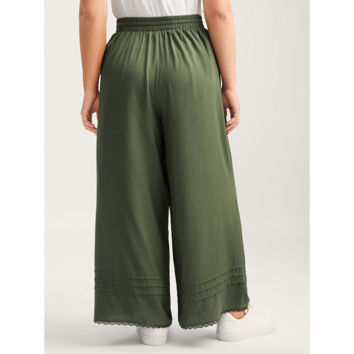 Plus Size Waist Drawstring Wide-Leg Pleated Pants Women ArmyGreen Beach Wide Leg Mid Rise Vacation Pants BloomChic 30/6X Product Image