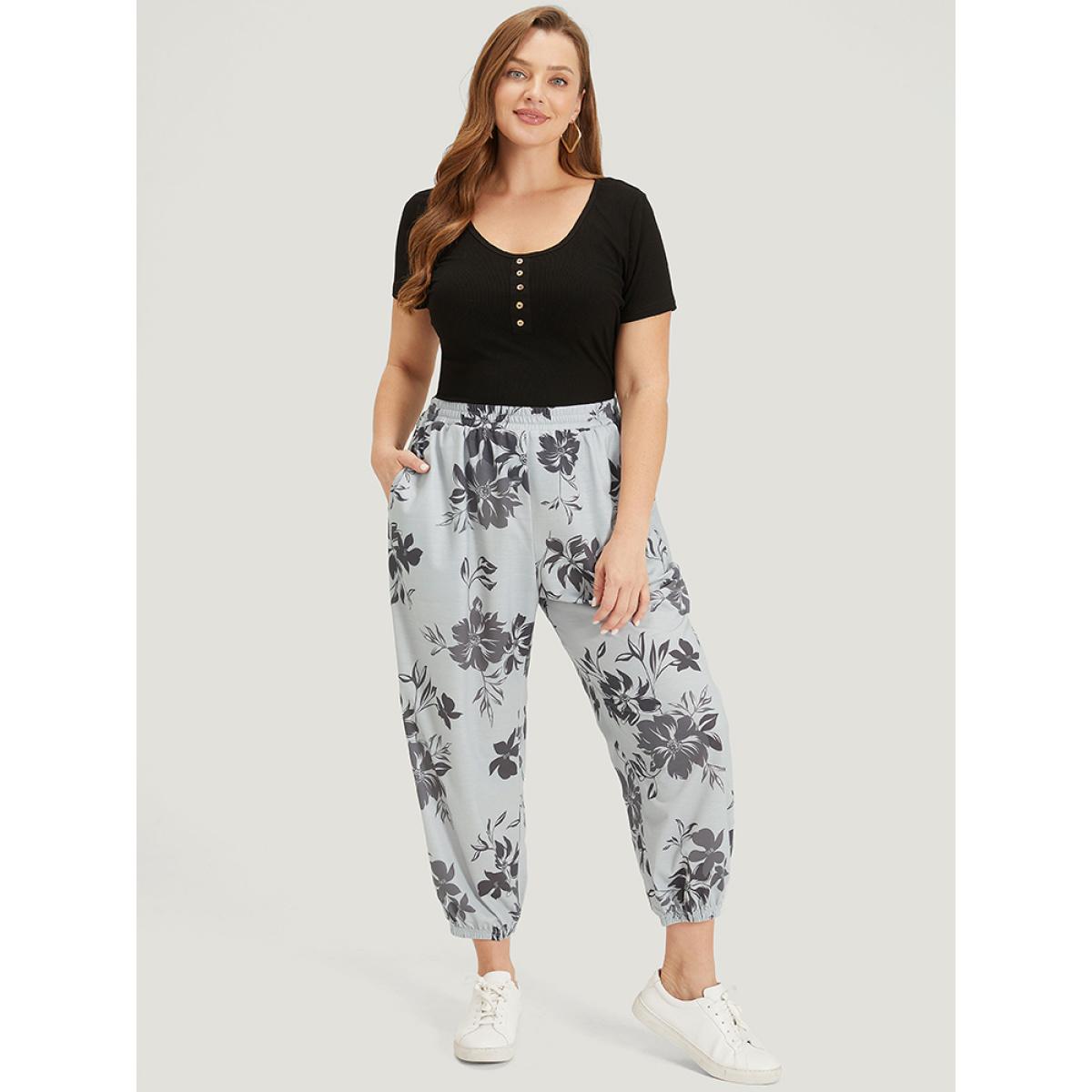 Silhouette Floral Print Pocket Elastic Waist Sweatpants DarkGray Plus Size Women Casual Everyday Elastic Waist 14-16/1X Bloomchic Product Image