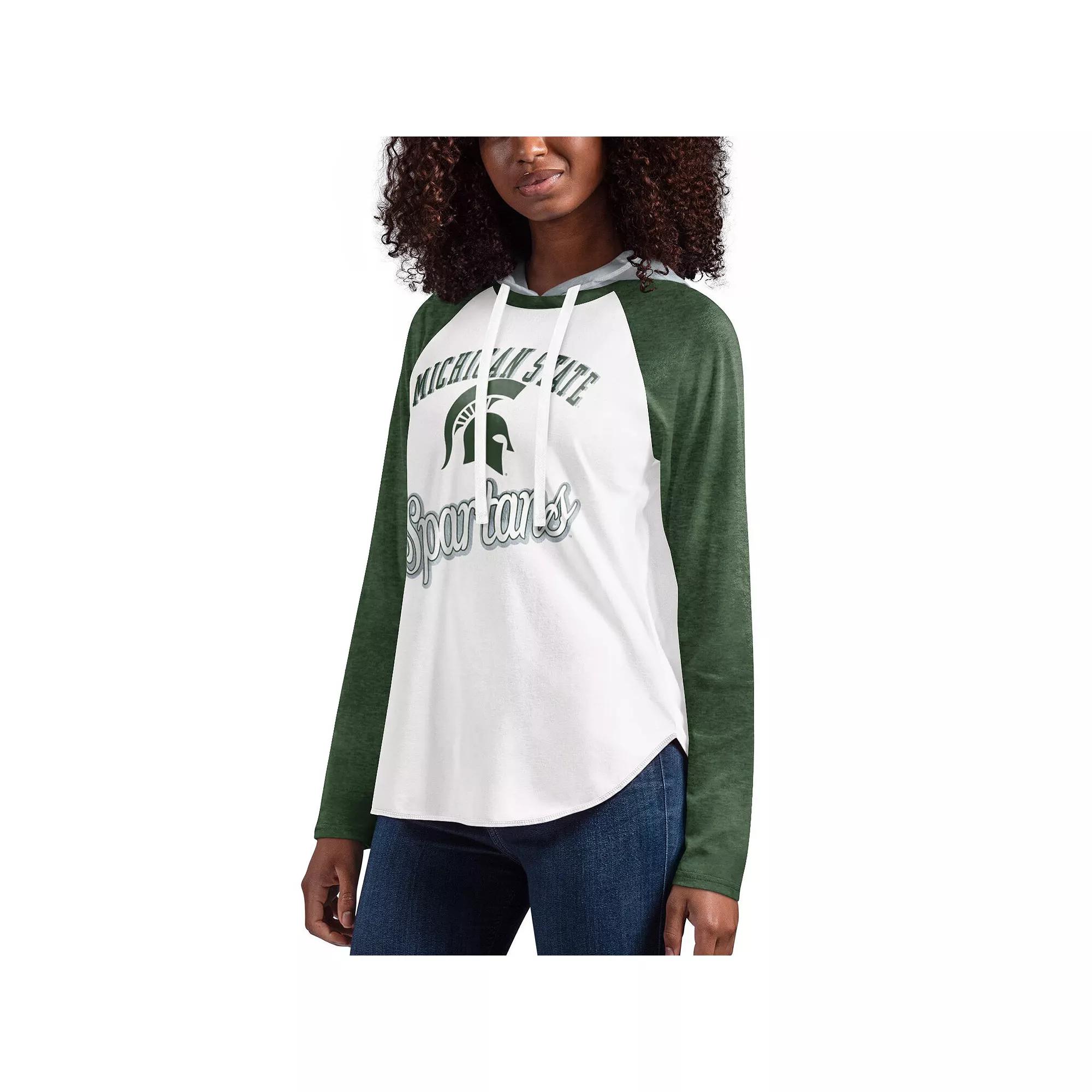 Women's G-III 4Her by Carl Banks White/Green Michigan State Spartans From the Sideline Raglan Long Sleeve Hoodie T-Shirt, Size: Medium Product Image