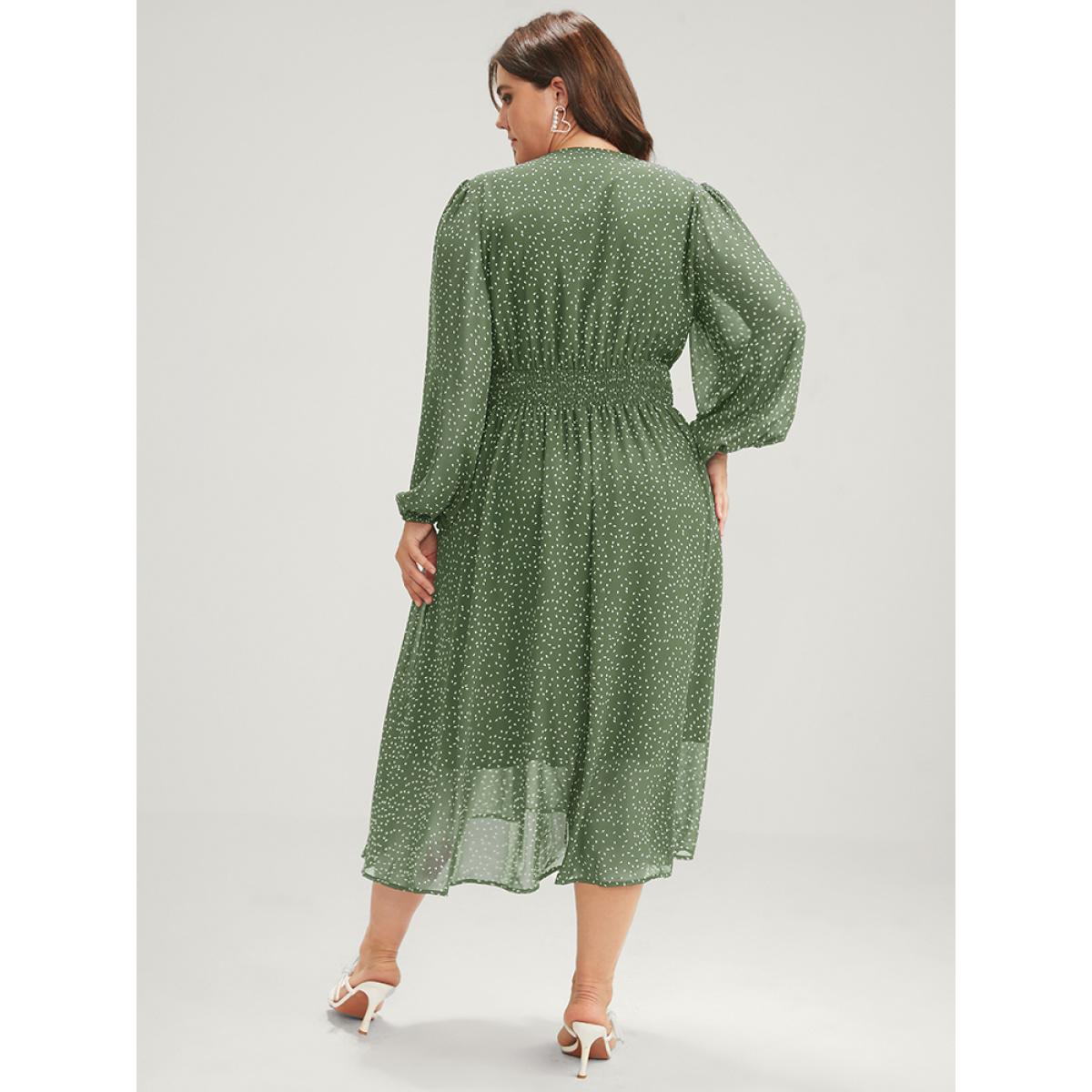 Plus Size Polka Dot Lantern Sleeve Pocket Shirred Flutter Dress Mint Women Elegant Pocket V-neck Short sleeve Curvy Midi Dress BloomChic 10/M Product Image