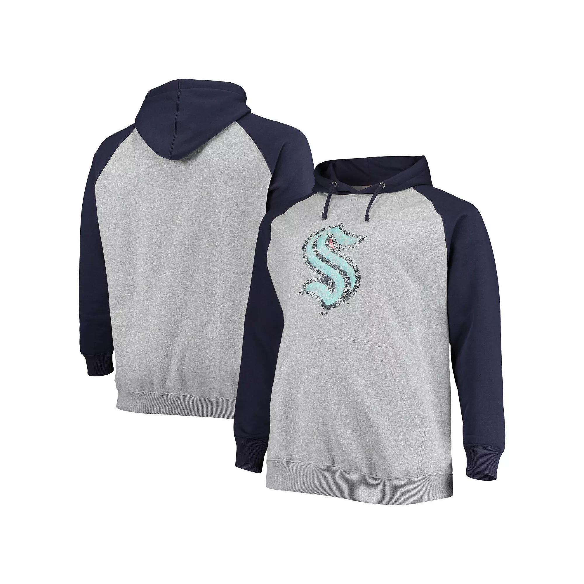 Men's Fanatics Branded Heathered Gray/Deep Sea Blue Seattle Kraken Big & Tall Raglan Pullover Hoodie, Size: 2XLT, Krk Grey Product Image