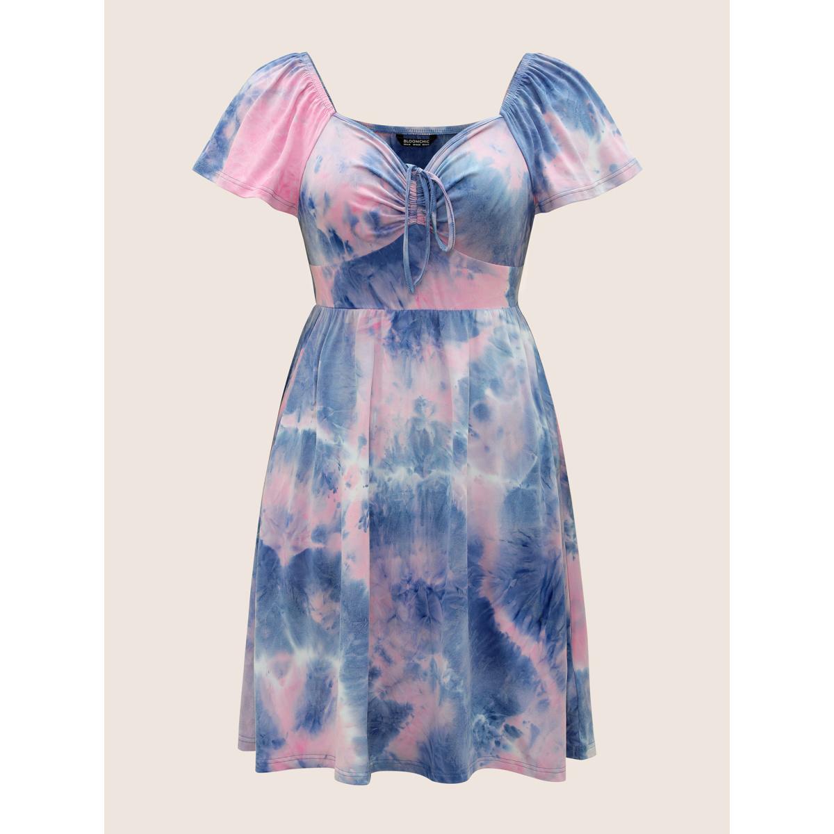 Plus Size Tie Dye Raglan Sleeve Drawstring Gathered Dress Multicolor Women Casual Gathered Heart neckline Short sleeve Curvy BloomChic 14-16/1X Product Image