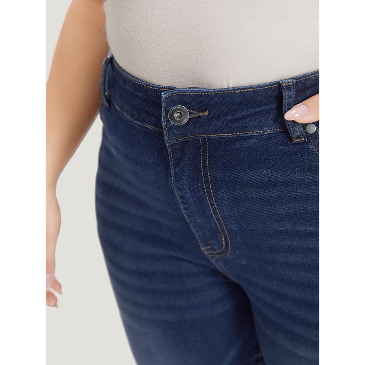 Plus Size Roll Hem High Rise Pocket Very Stretchy Jeans Women DarkBlue Casual Plain Plain High stretch Pocket Jeans BloomChic 30/6X Product Image