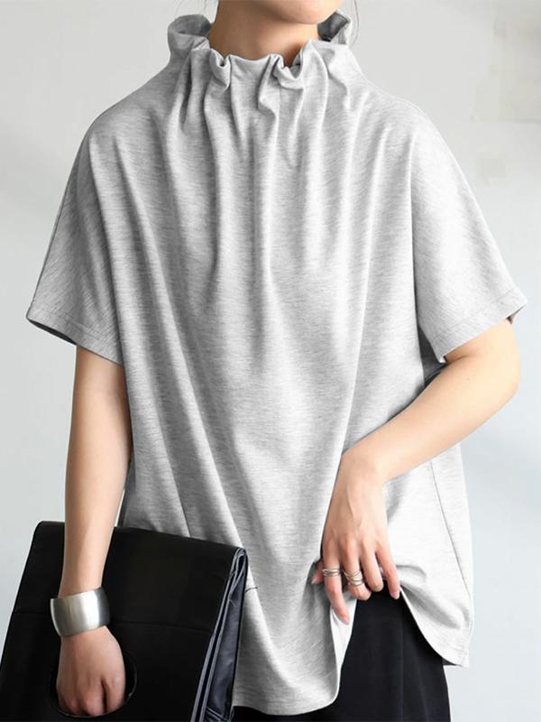 Loose Short Sleeves Solid Color Stand Collar T-Shirts Tops Product Image
