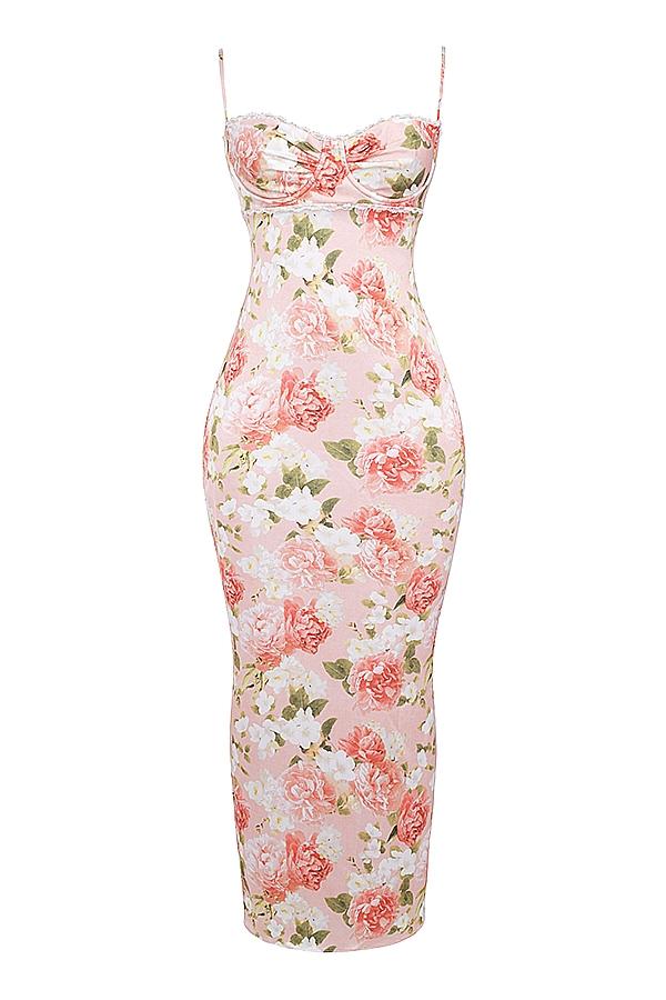Josefina  pink peony print satin maxi dress Product Image