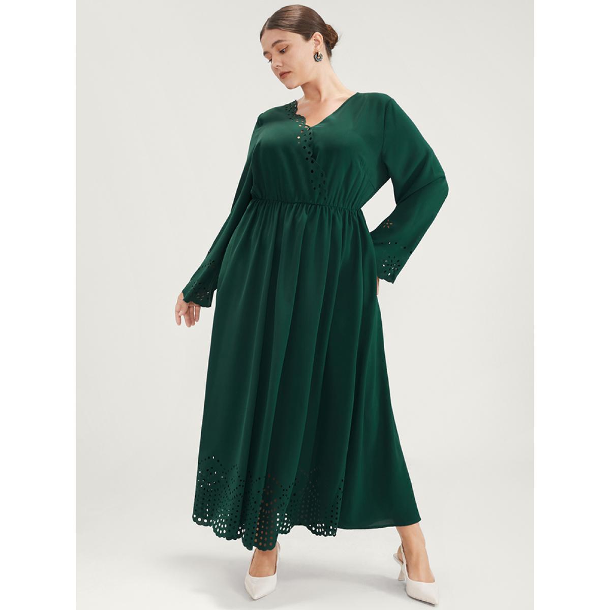 Plus Size Solid Bell Sleeve Wrap Laser Cut Flutter Hem Maxi Dress Green Women Elegant Cut-Out V-neck Long Sleeve Curvy Long Dress BloomChic 10/M Product Image