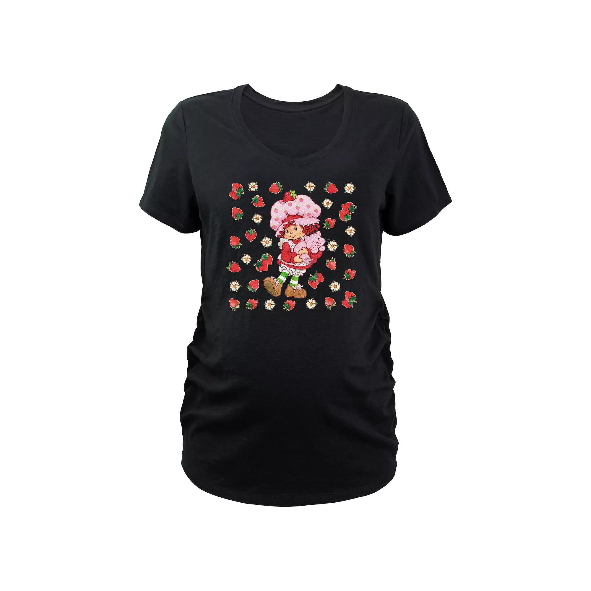 Maternity Strawberry Shortcake Flowers And Strawberries Background V-Neck Graphic Tee, Women's,  Product Image