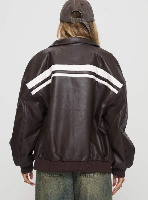 Goldsmith Faux Leather Bomber Jacket Chocolate / White Product Image