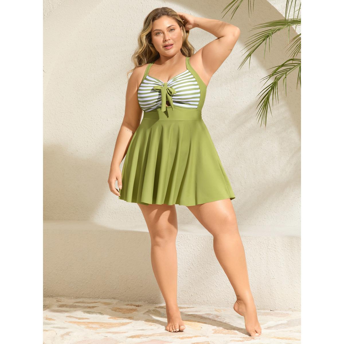 Plus Size Stripes Patchwork Tie Knot Cross Straps Swim Dress Women's Swimwear Applegreen Resort Bodycon Heart neckline High stretch Curve Swim Dresses BloomChic 14-16/1X Product Image