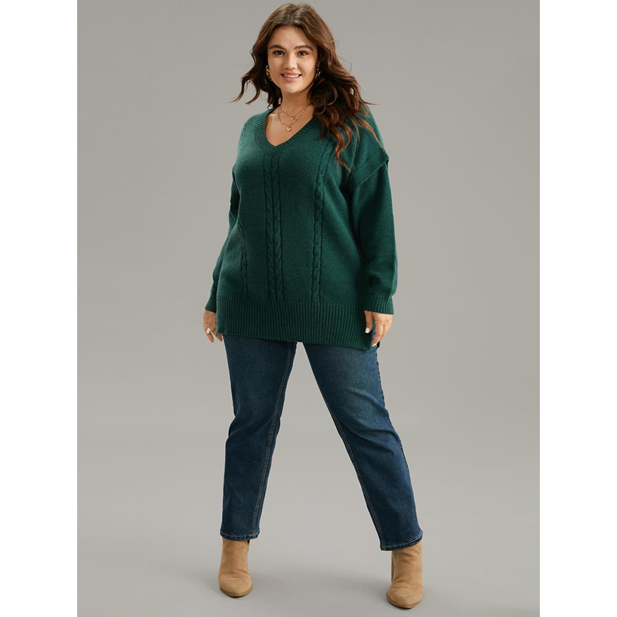 Plus Size Cable Knit Patchwork Drop Shoulder Pullover DarkGreen Women Casual Loose Long Sleeve V-neck Dailywear Pullovers BloomChic 14-16/1X Product Image
