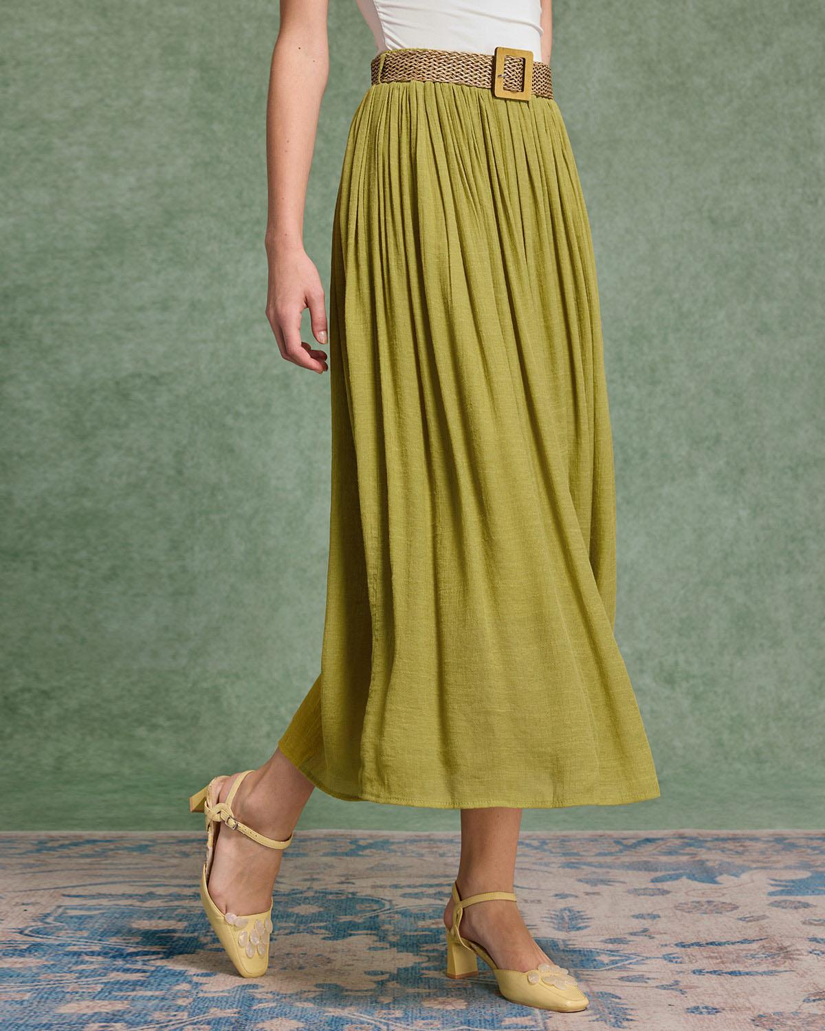 Green Belt Flowy Midi Skirt Product Image