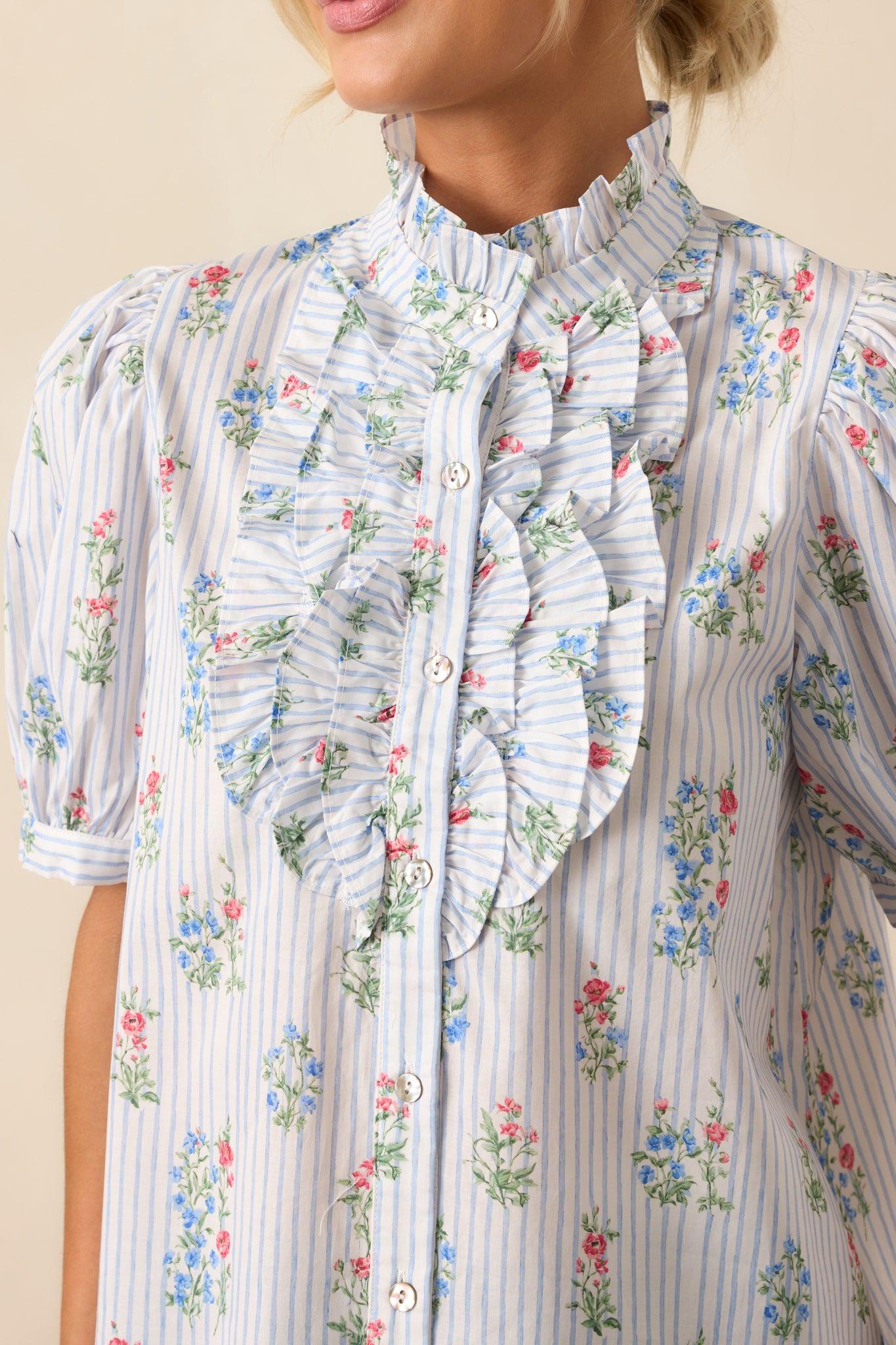 Things Happen Light Blue Stripe Floral Cotton Button Front Top Product Image