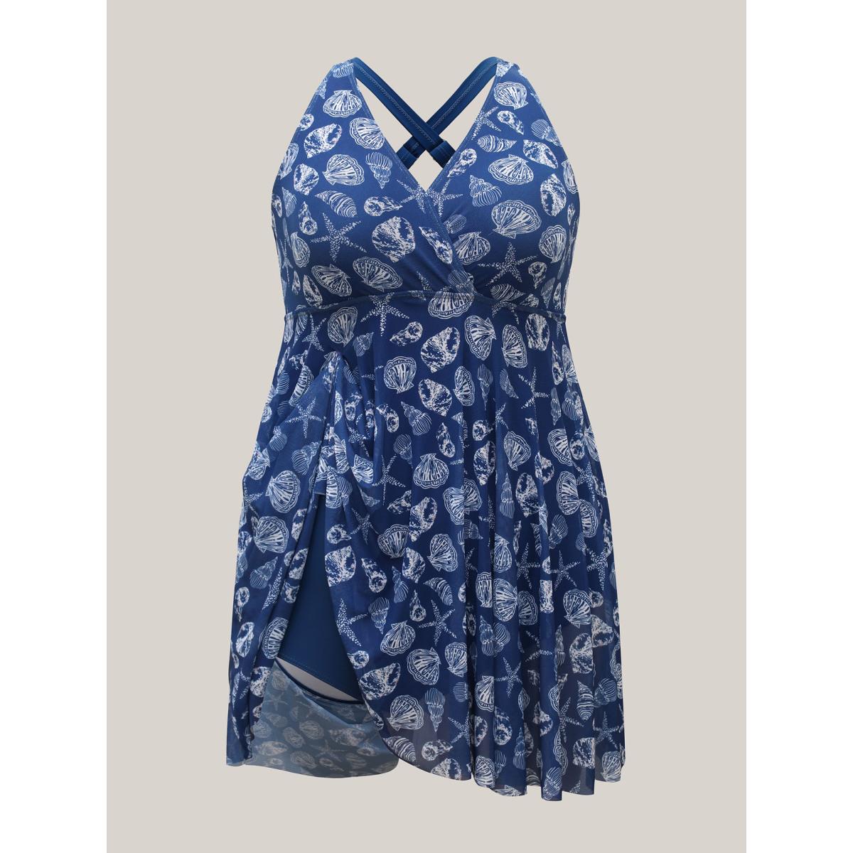 Plus Size Shell Print Mesh Adjustable Cross-Straps Swim Dress Women's Swimwear Cerulean Beach Bodycon Overlap Collar High stretch Curve Swim Dresses BloomChic 10/M Product Image