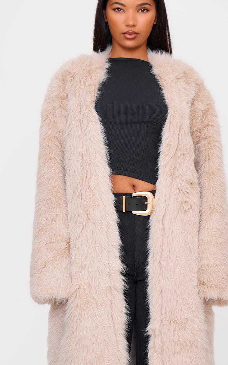Stone Faux Fur Collarless Coat Product Image