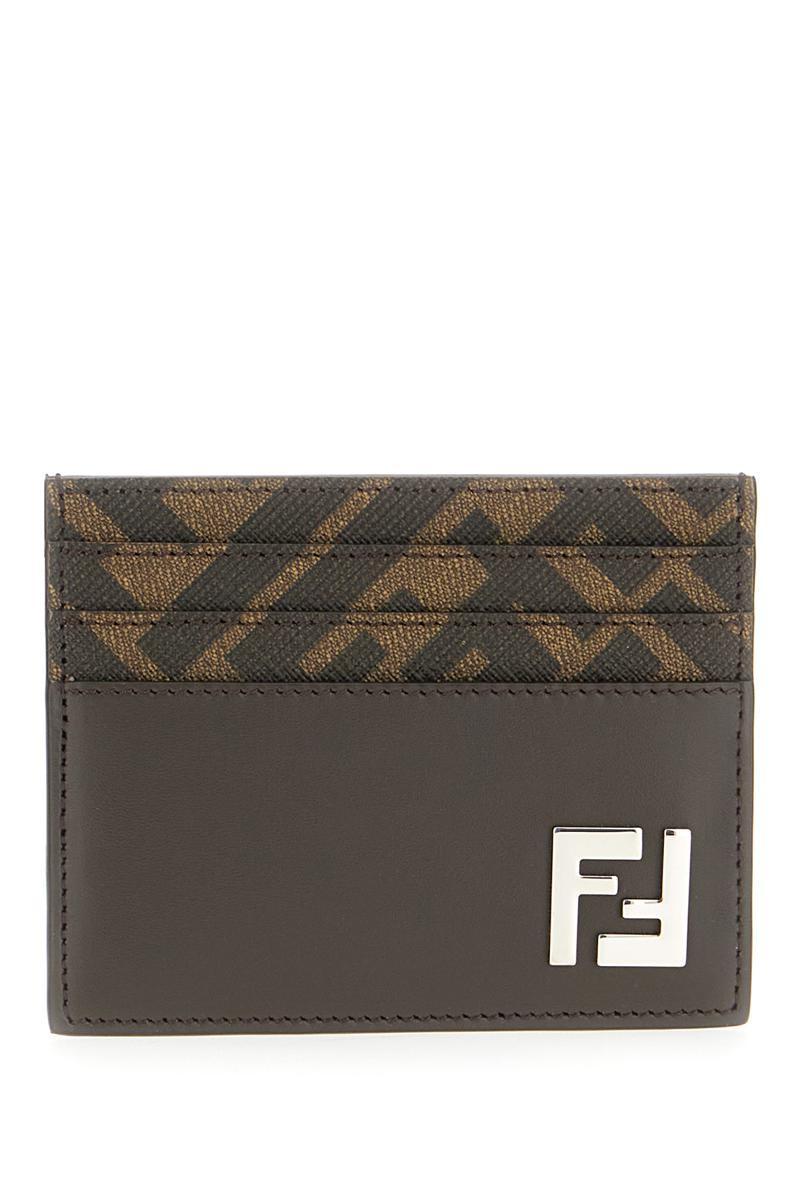 FENDI Brown Card-holder With Squared Ff Motif In Leather And Ff Canvas Man In Ebony Product Image
