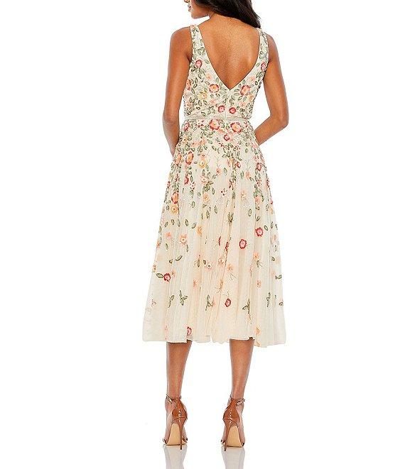 Mac Duggal Beaded V-Neck Sleeveless A-Line Midi Dress Product Image