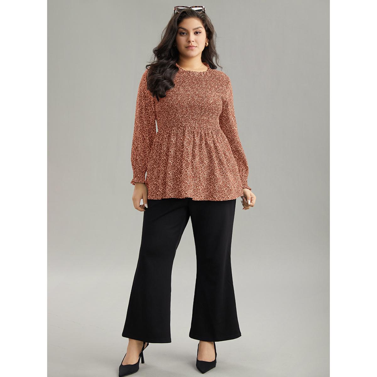 Plus Size Rust Ditsy Floral Stand Collar Shirred Frill Trim Blouse Women Elegant Long Sleeve Stand-up collar Dailywear Blouses BloomChic 12/L Product Image