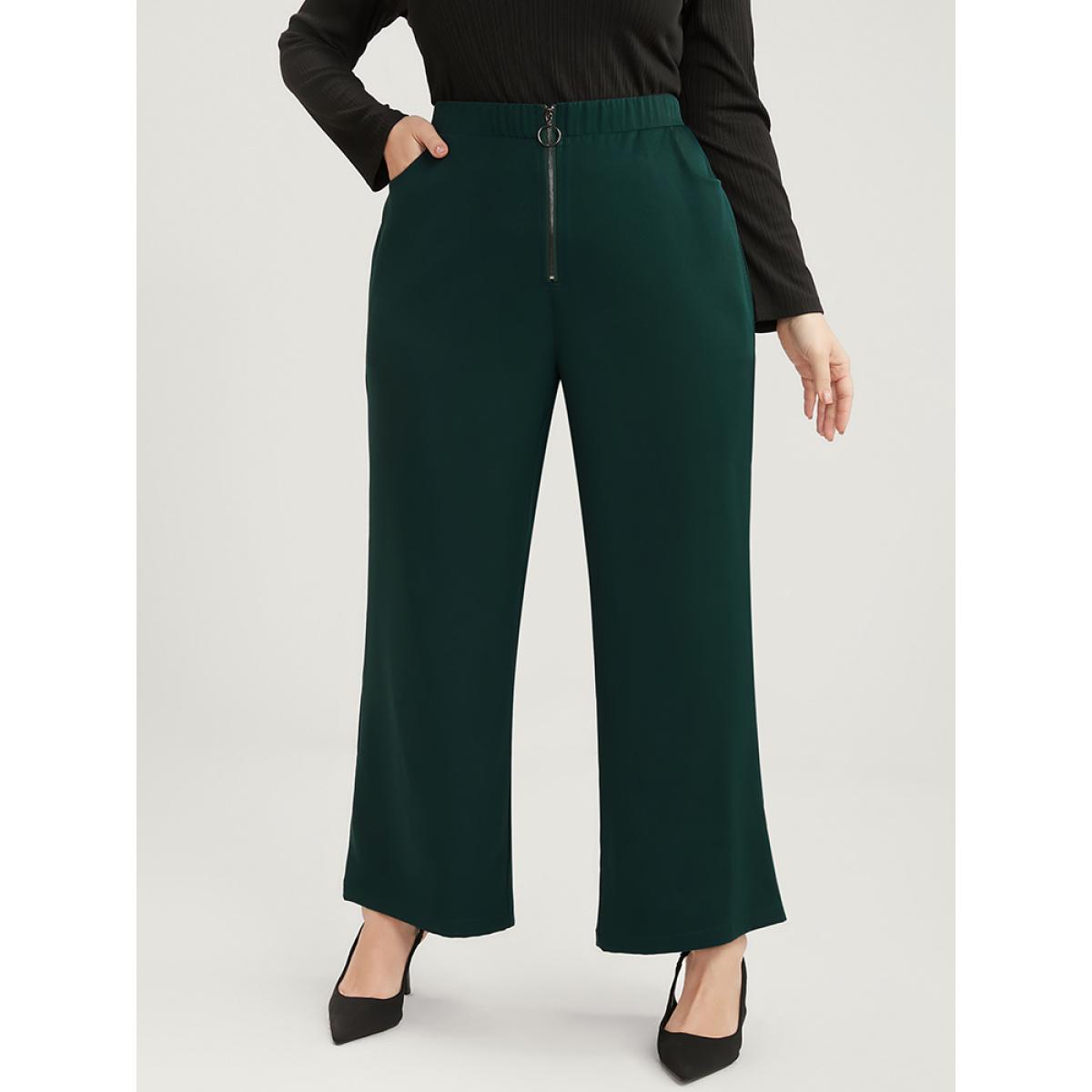 Plus Size Solid O Ring Zipper Pocket Elastic Waist Wide Leg Pants Women DarkGreen Office Wide Leg High Rise Office Pants BloomChic 26/4X Product Image