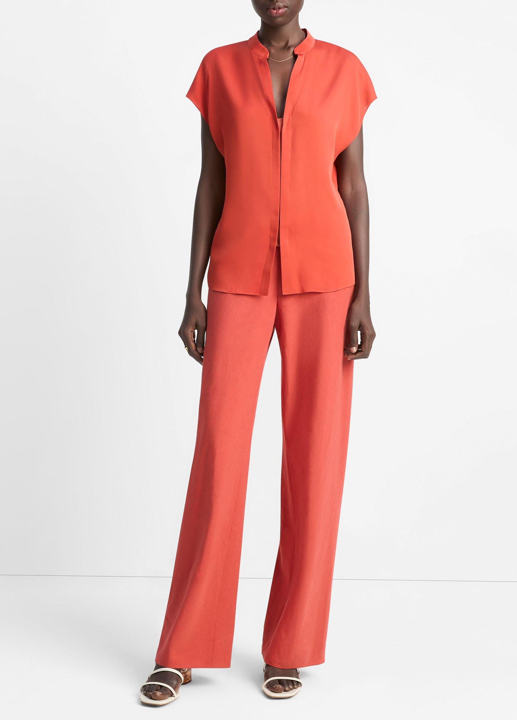 Contrast-Placket Stretch-Silk Cap-Sleeve Blouse Product Image